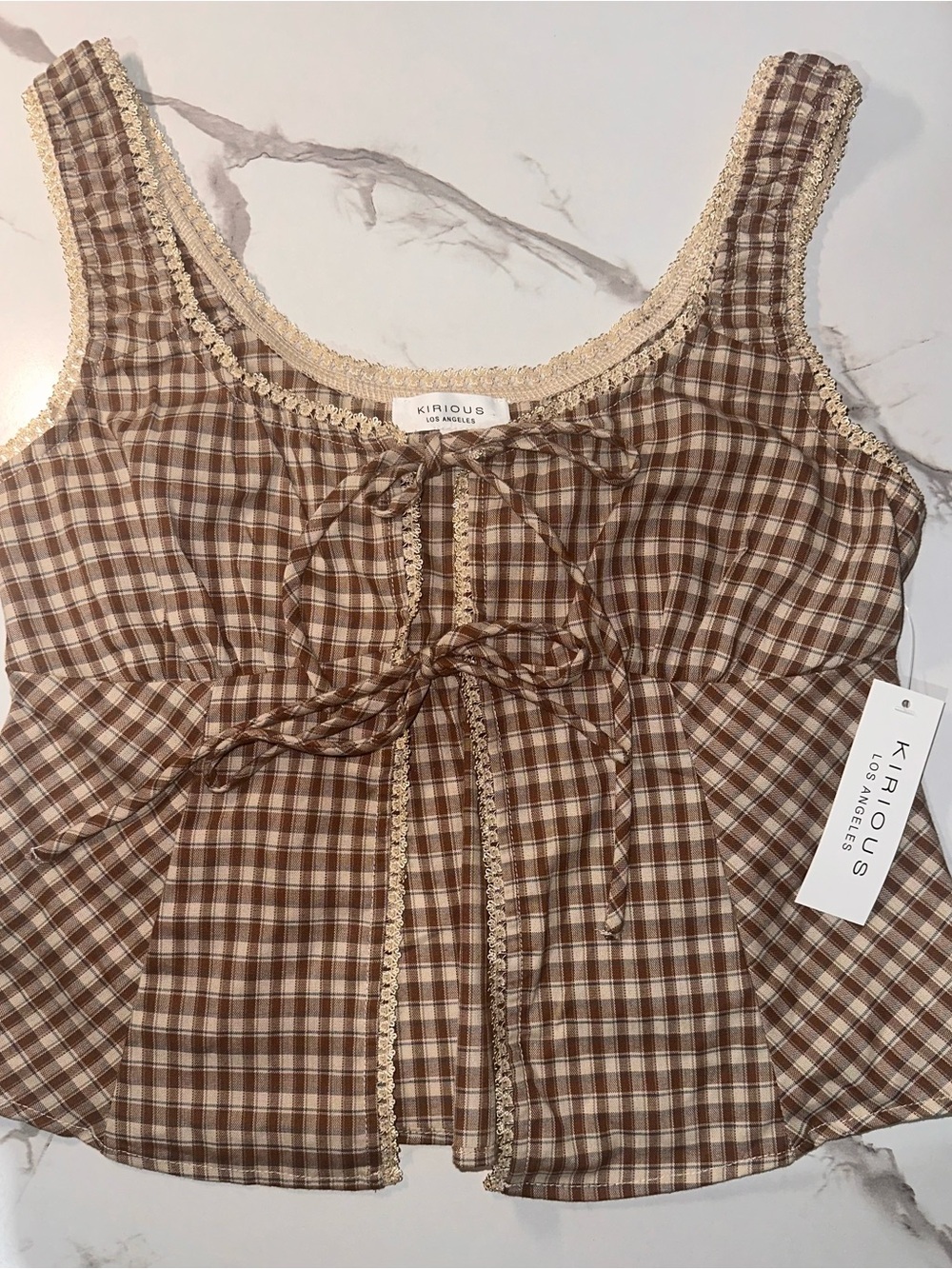 iris Brown Gingham Lace-Trim Camisole